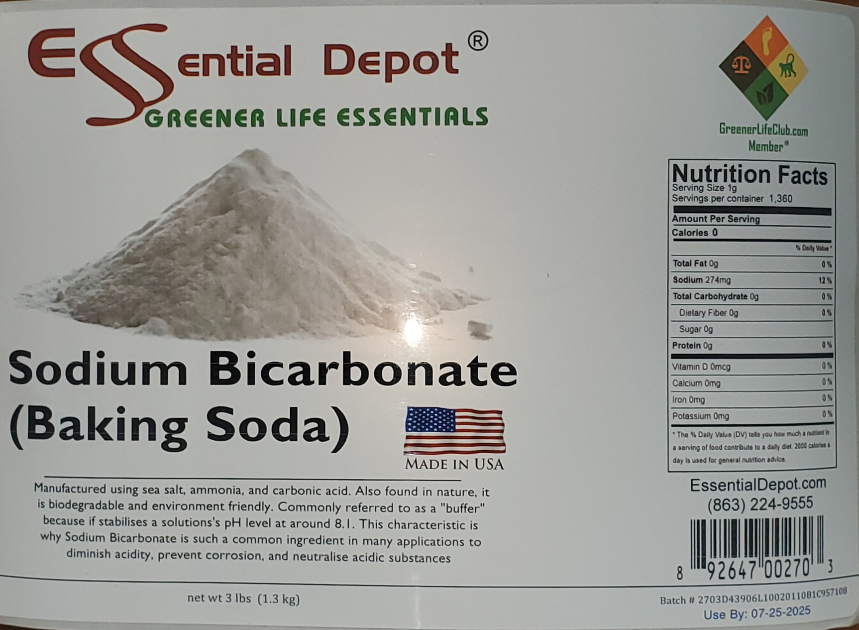Sodium Bicarbonate Baking Soda Quart Cylinder for Essential Depot