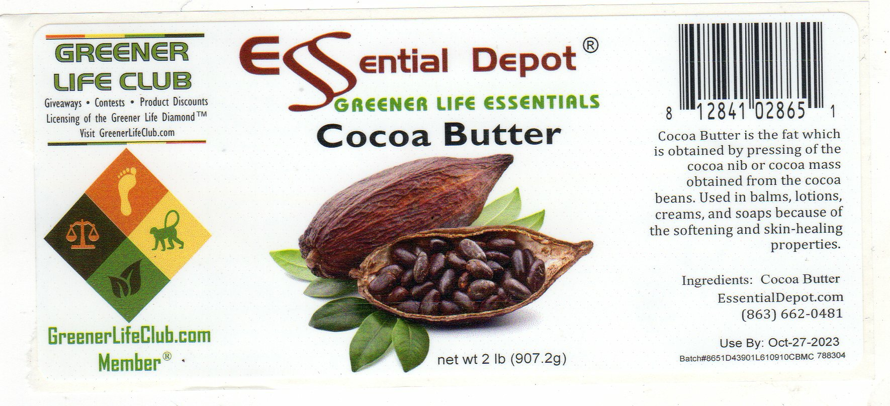 Cocoa Butter Bar 2 lbs for Essential Depot assigned 11/01/2021 800 am Essential Depot, Inc.