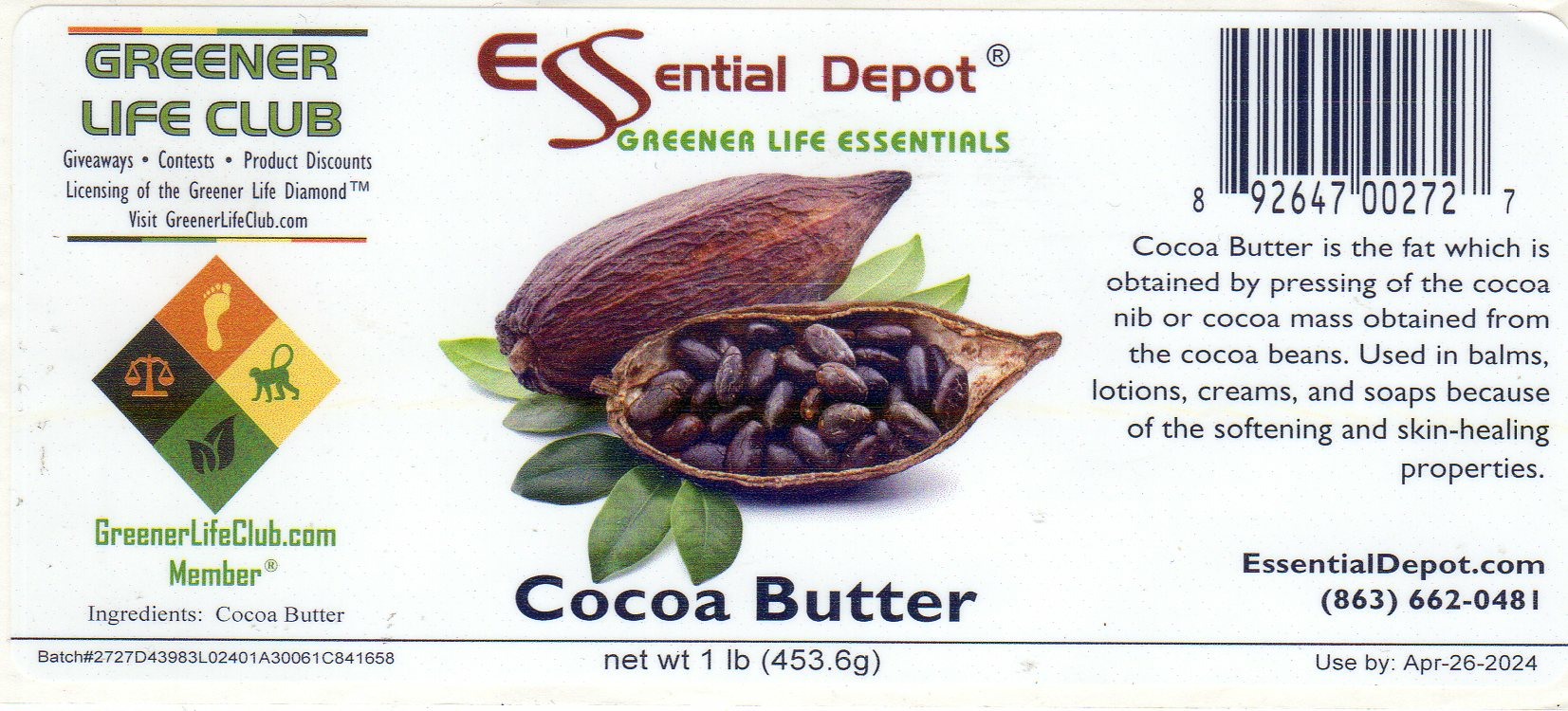 Cocoa Butter 16oz Cylinder Wide Mouth for Essential Depot assigned 05