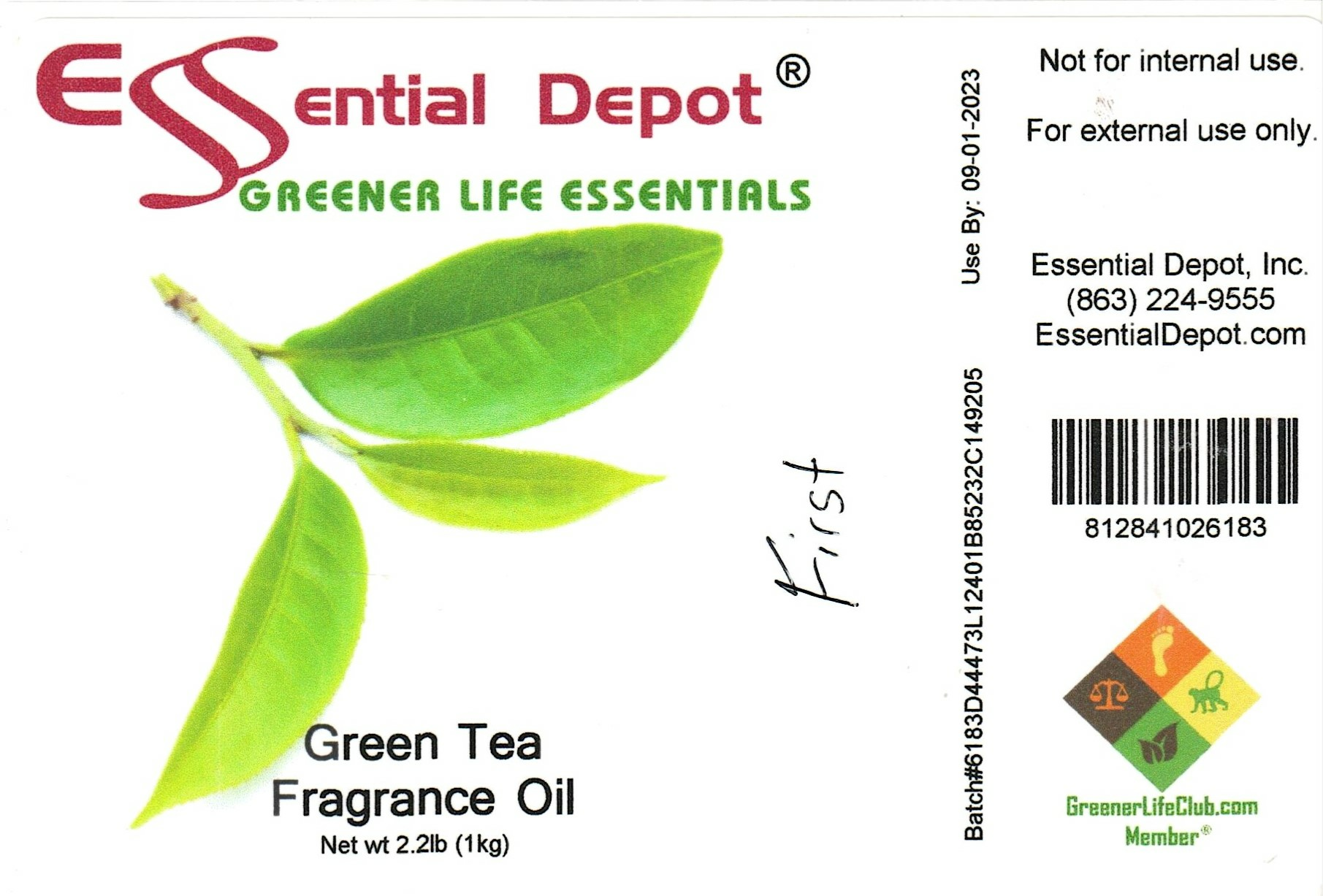 Green Tea Fragrance Oil 1 KG Bottle for Essential Depot assigned 03/13