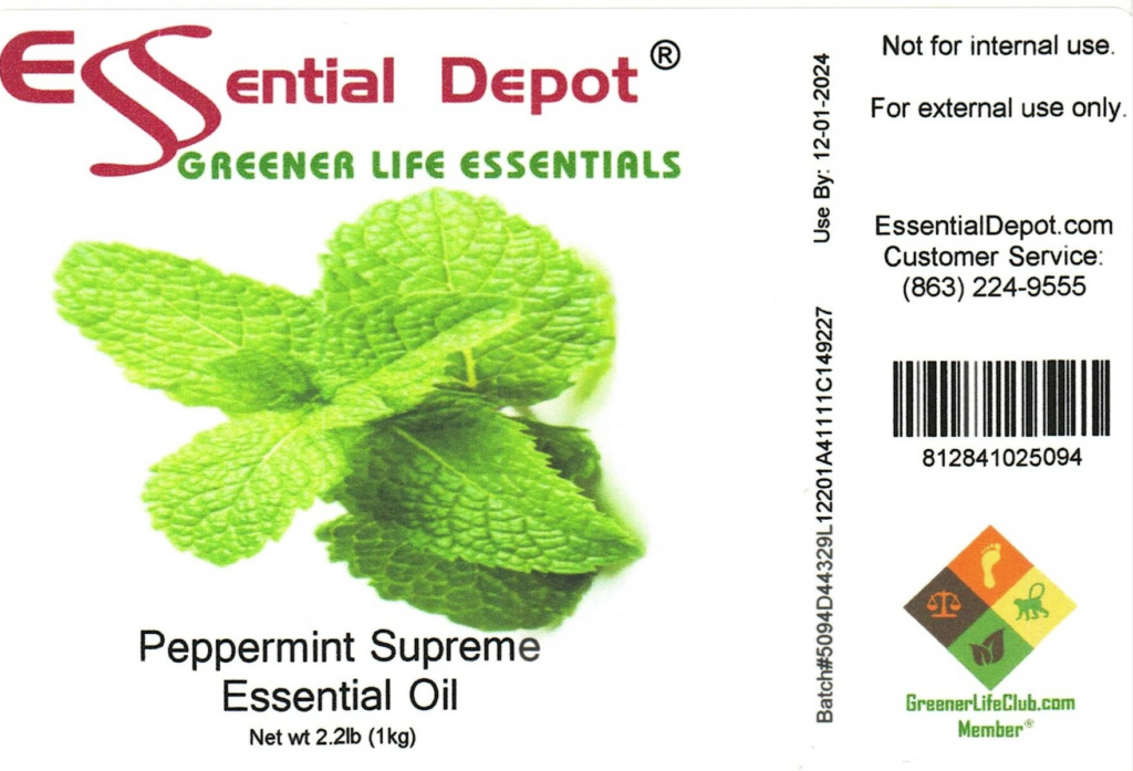 Peppermint Essential Oil 1 KG Bottle for Essential Depot assigned 12/14