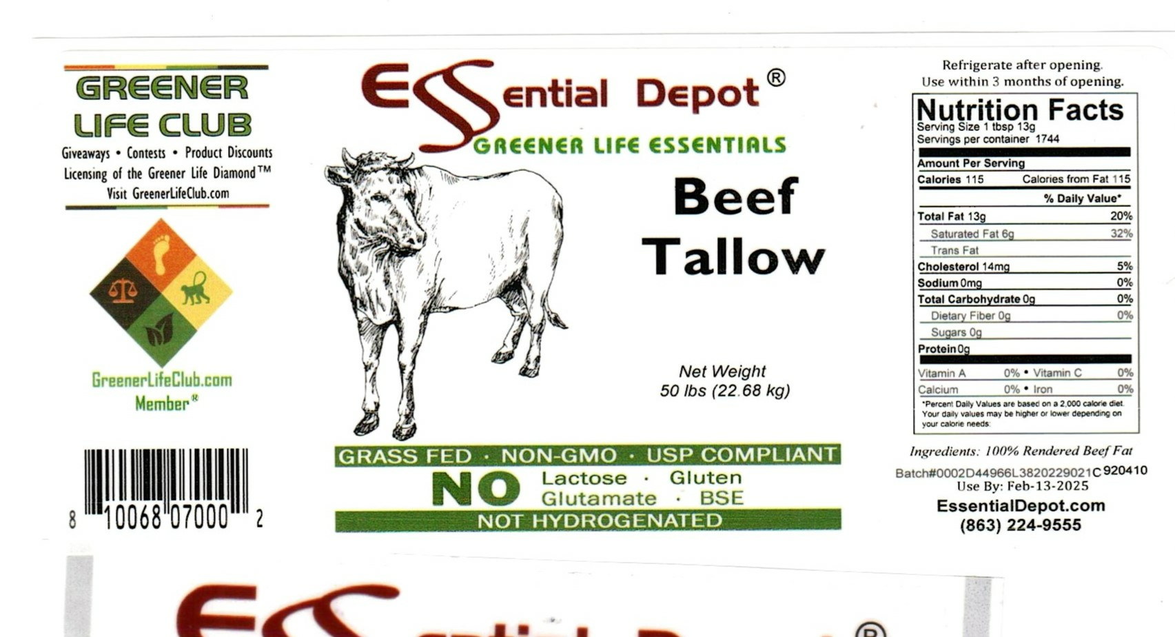 Beef Tallow Boxed (12x12x12) 50 lbs for Essential Depot assigned 02