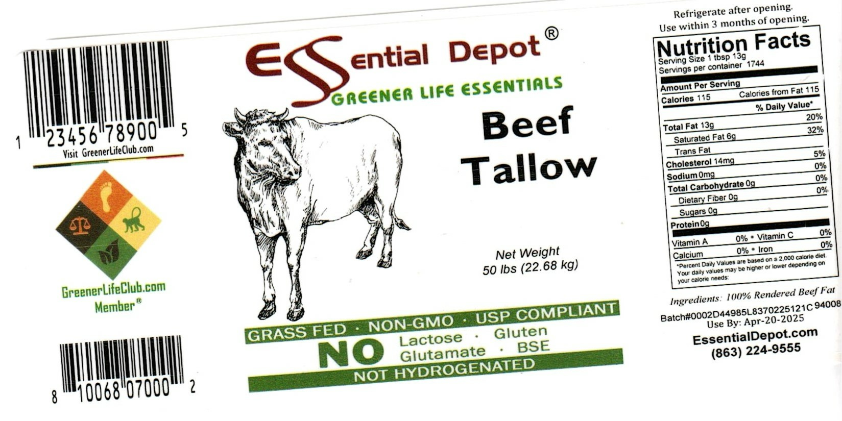 Beef Tallow Boxed (12x12x12) 50 lbs for Essential Depot assigned 04