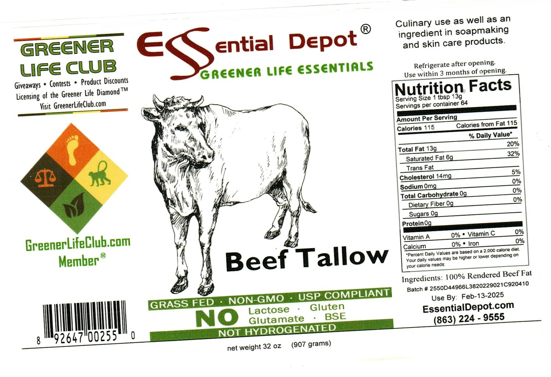 Beef Tallow Quart Cylinder Wide Mouth for Essential Depot assigned 02