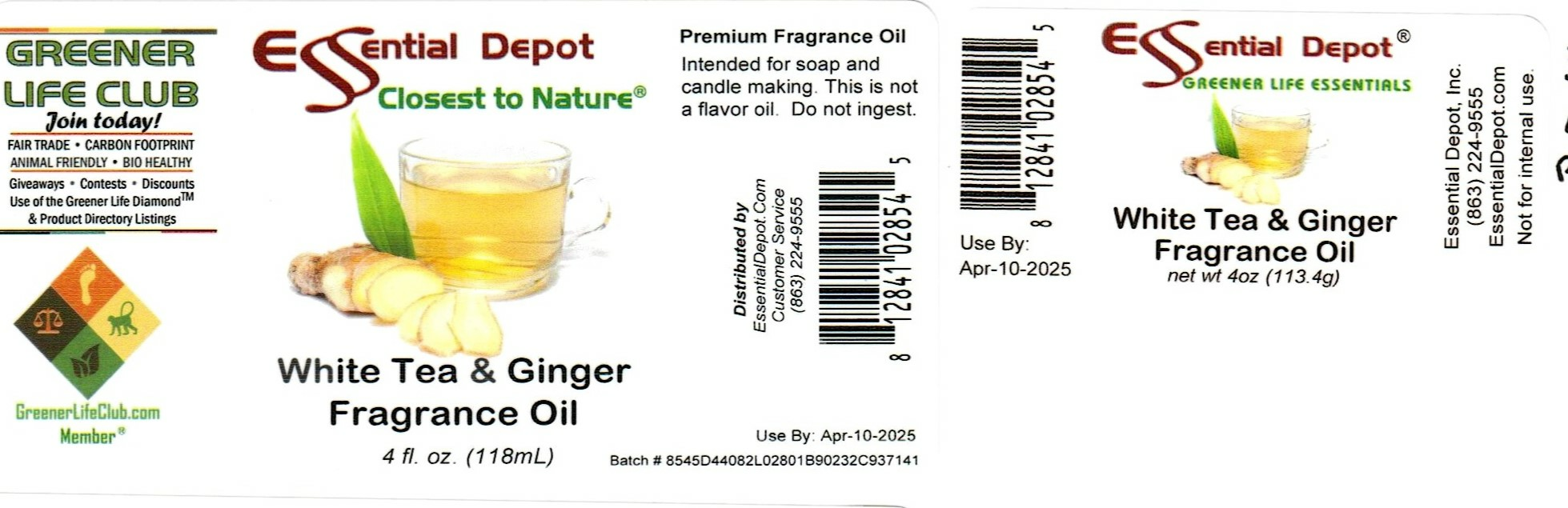 White Tea & Ginger Fragrance Oil 4oz Amber Glass Bottle for Essential Depot assigned 04/10/2023