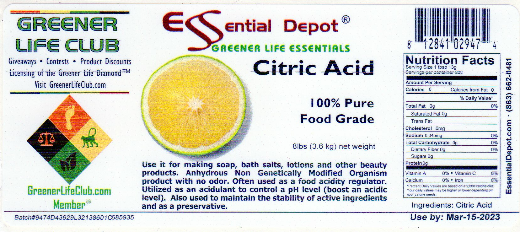 Citric Acid Pail 1 Gallon for Essential Depot assigned 03/15/2021 9